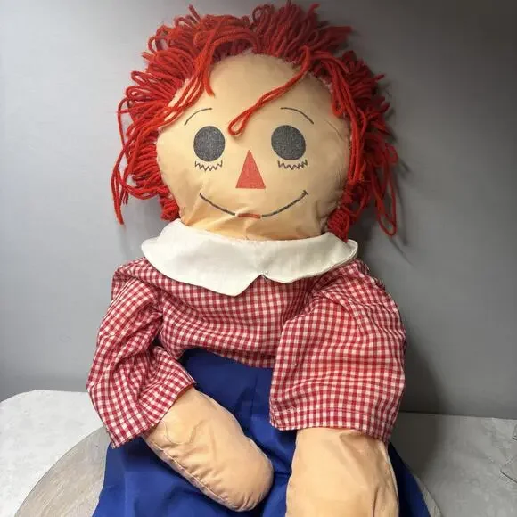 Raggedy Ann Cloth Doll Vintage Style Red Yarn Hair Blue Pants C - Picture 1 of 7